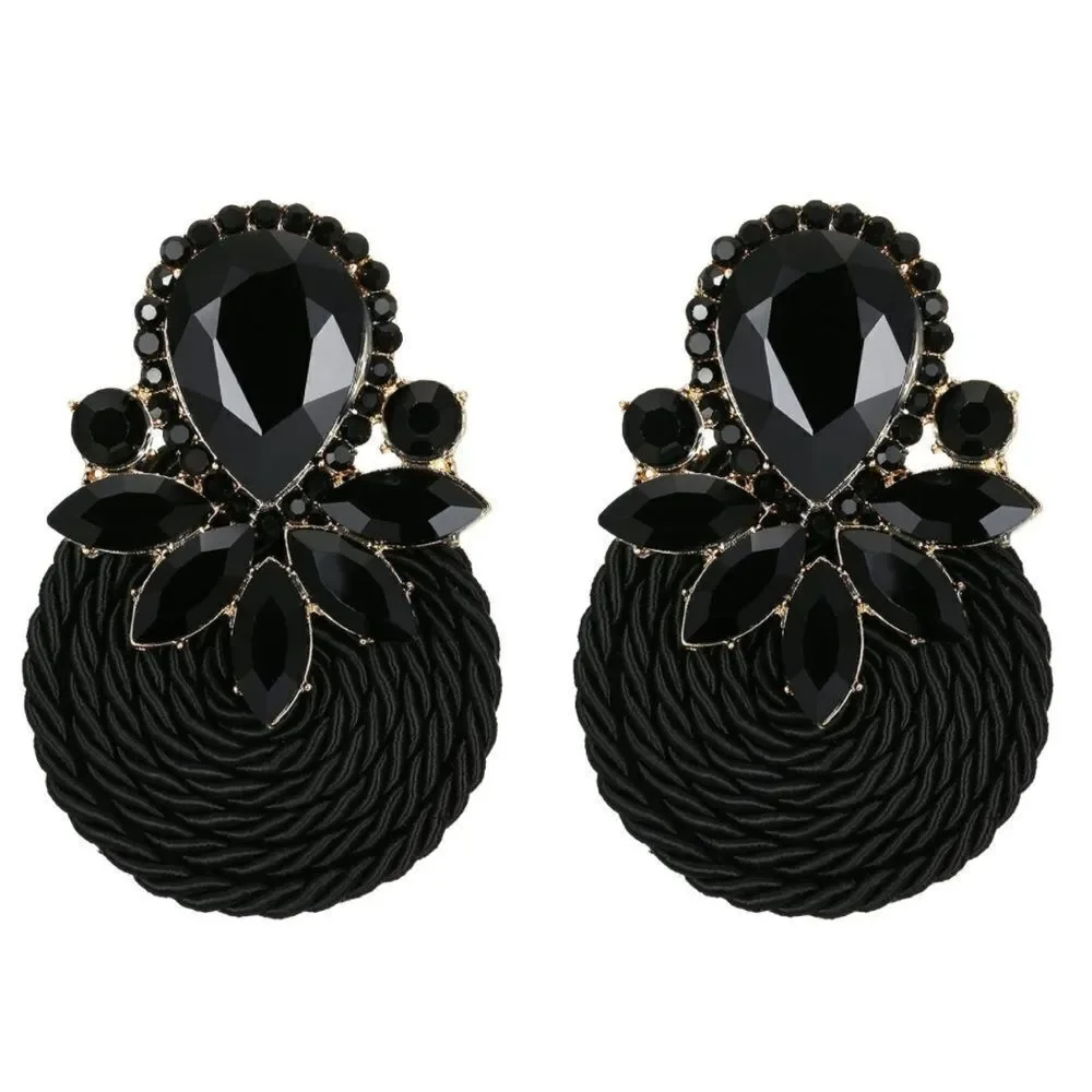 Yellow Gold and Black Onyx Crystal Floral Cluster Rattan Post Statement Earrings